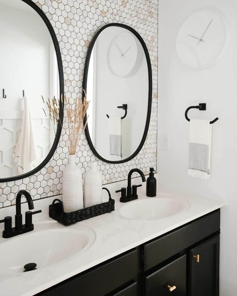 Black Vanity Enhances Hexagon Accent Wall