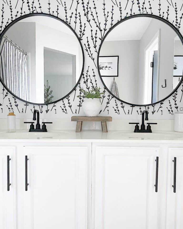 Black and White Bathroom With Branch Wallpaper