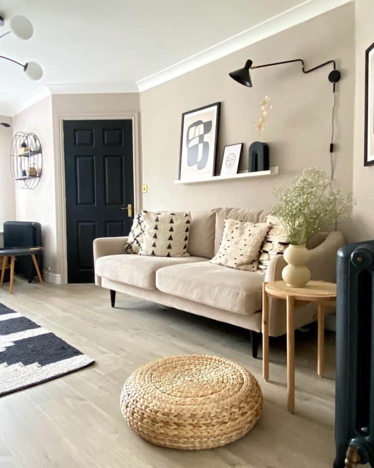 Black and White Boho Living Room With Wall Lighting