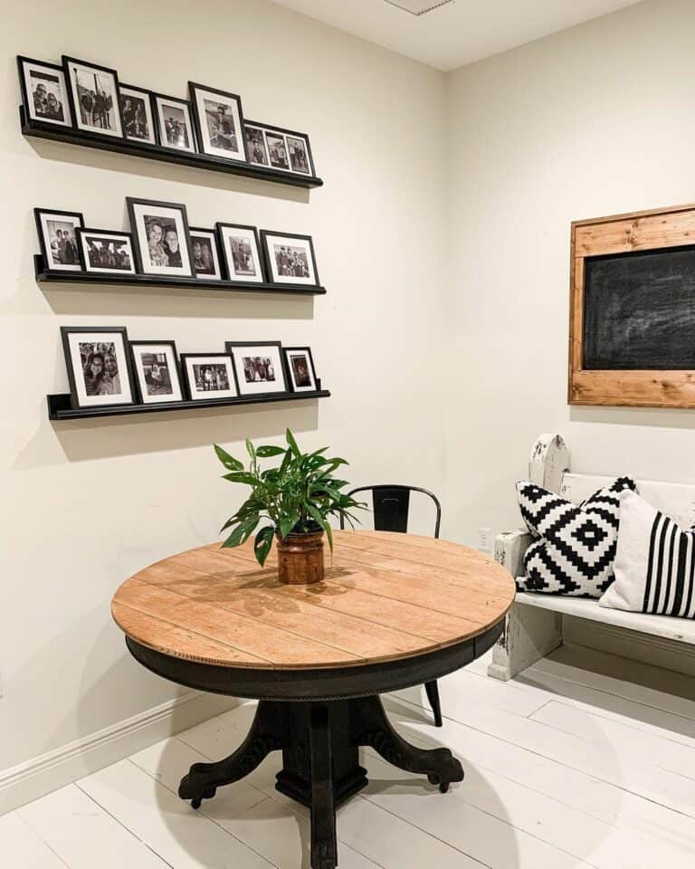 Black-mounted Shelves With Black and White Family Photos