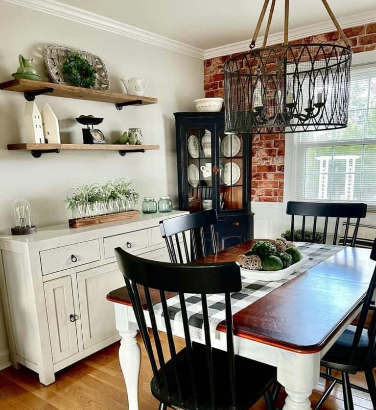 Brick Walls and Black Cherry Table in Dining Room