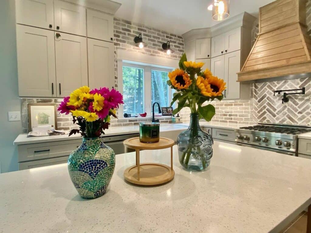 Bright Kitchen Counter Flower Arrangements in Glass Vases