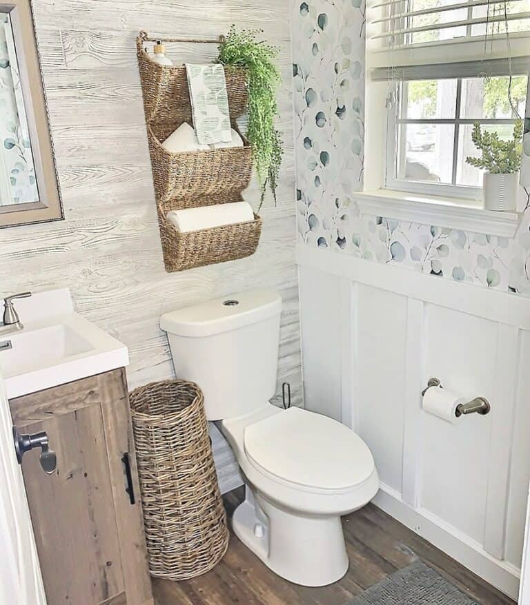 Bright Spring Farmhouse Powder Room With Mixed Wallpaper