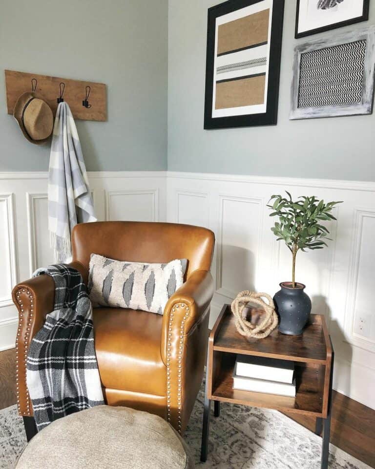 Brown Leather Chair With Wooden End Table