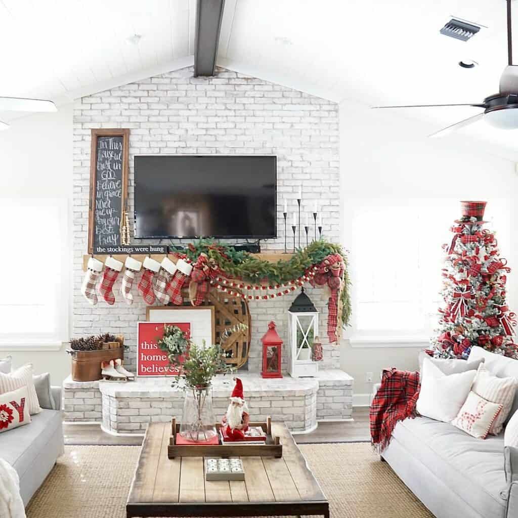 Christmas Décor and Brick Fireplace Wall