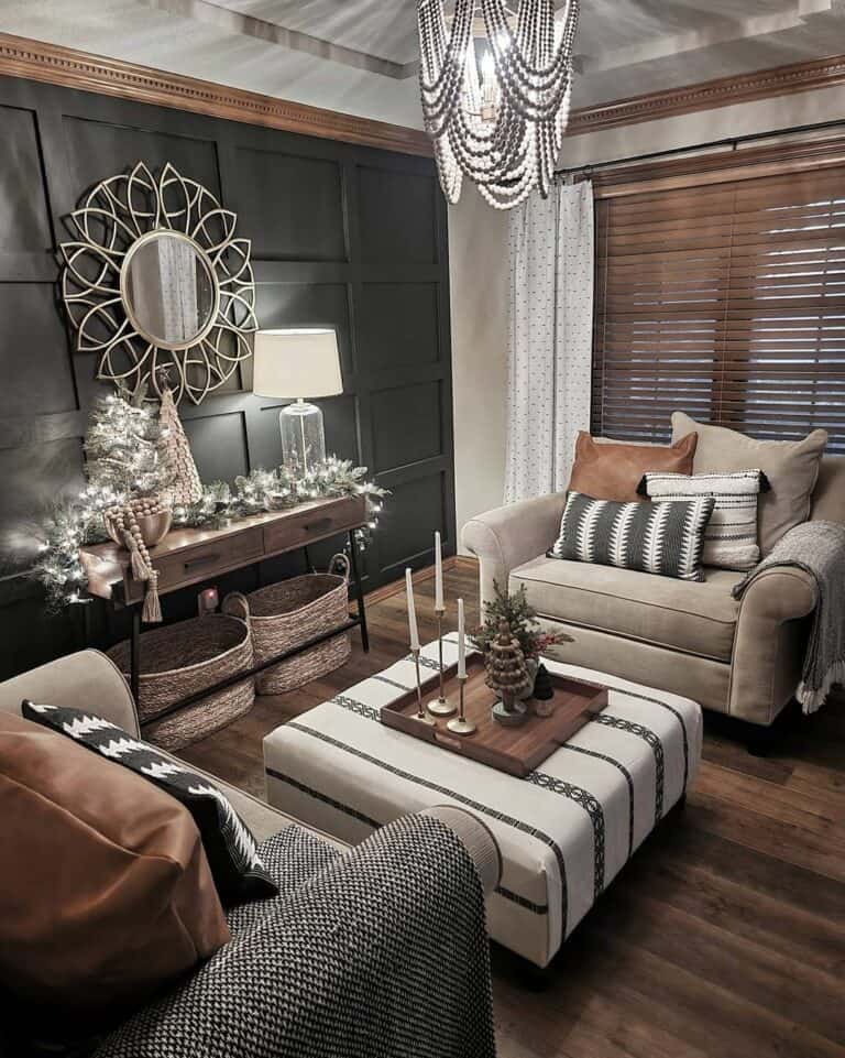 Christmas-themed Living Room With Black and Wood Accents