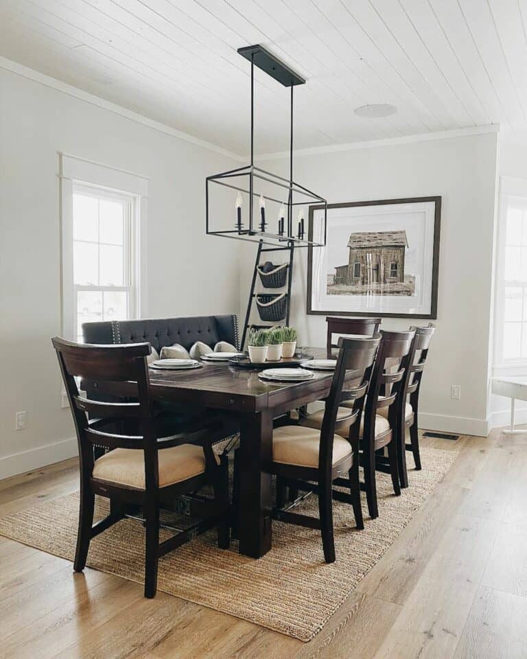 Classic Dining Room With Shiplap Ceiling
