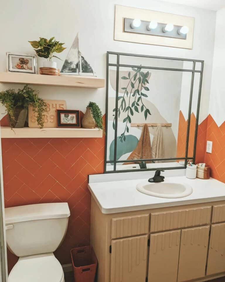 Colorful Kids' Bathroom With Mounted Maple Shelves