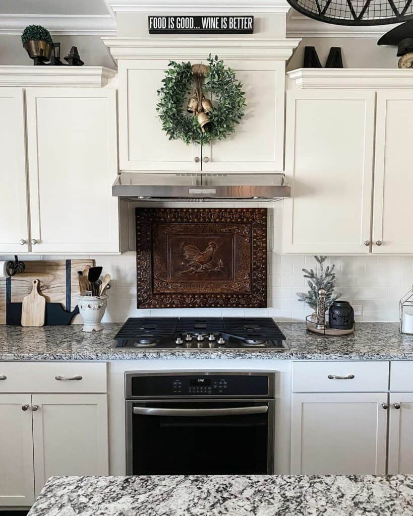 Copper Plaque Hangs in Farmhouse Kitchen