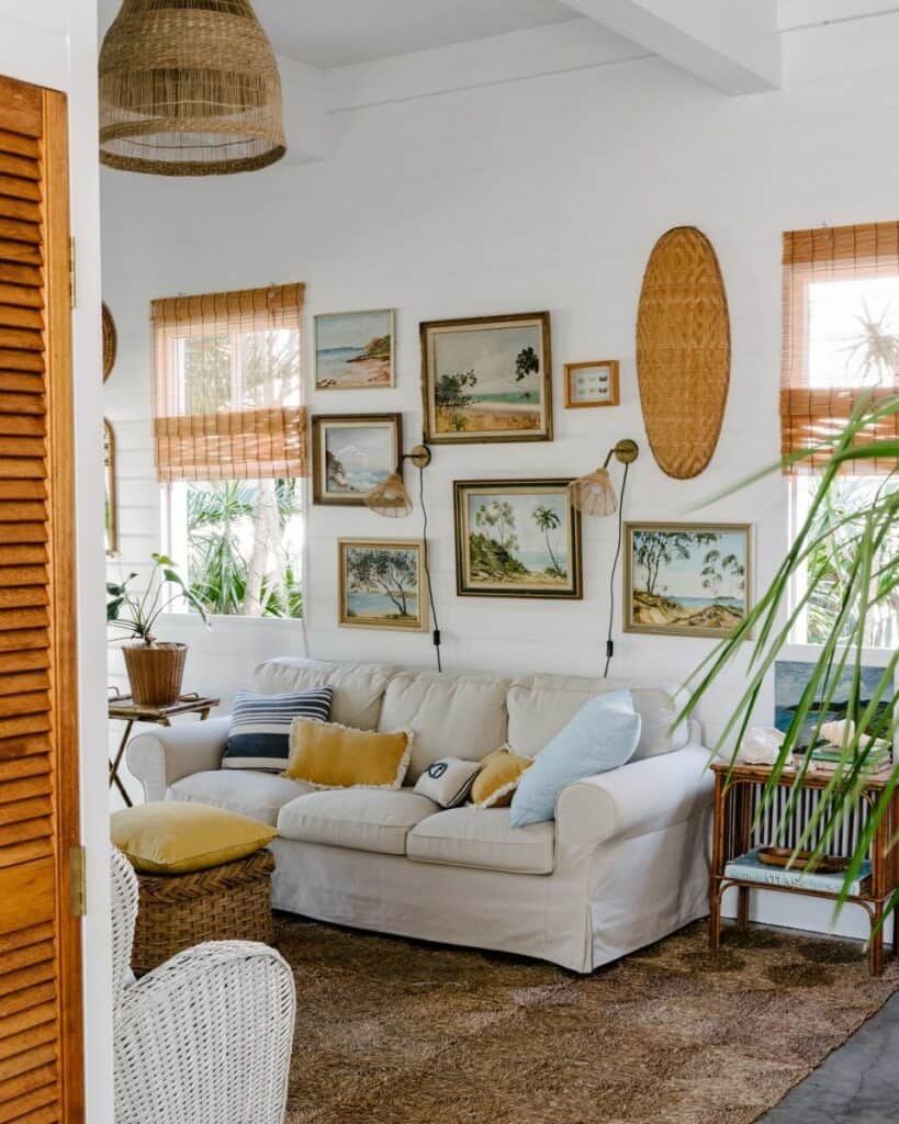 Cozy Boho Living Room With a Beach-themed Wall Collage
