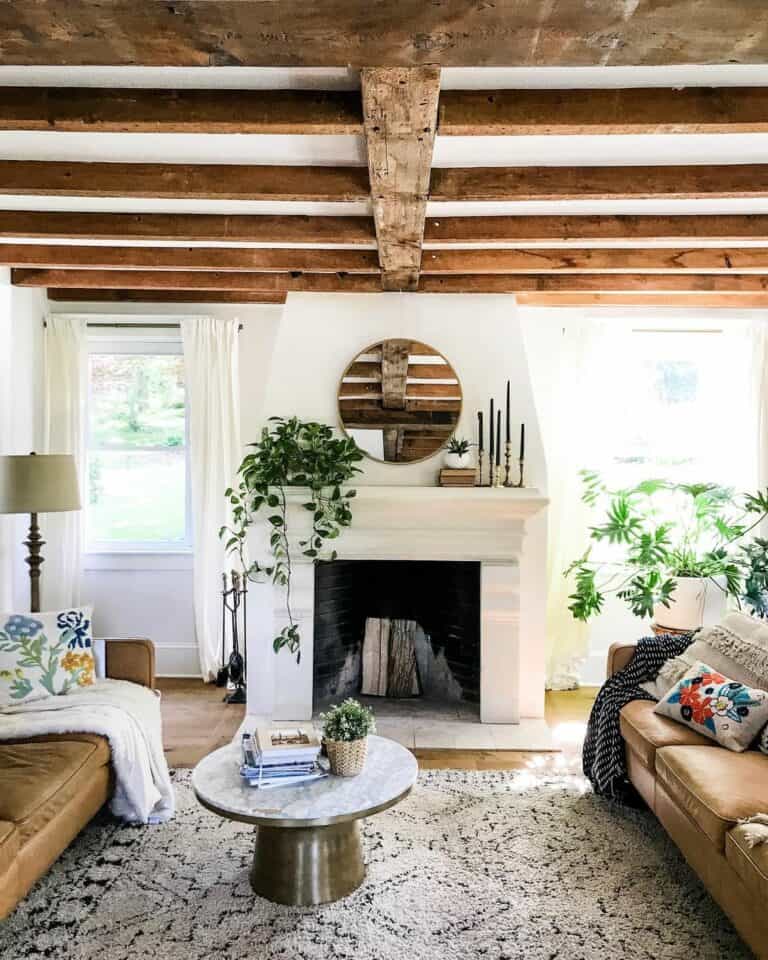 Cozy Lodge Style Living Room With Exposed Ceiling Beams