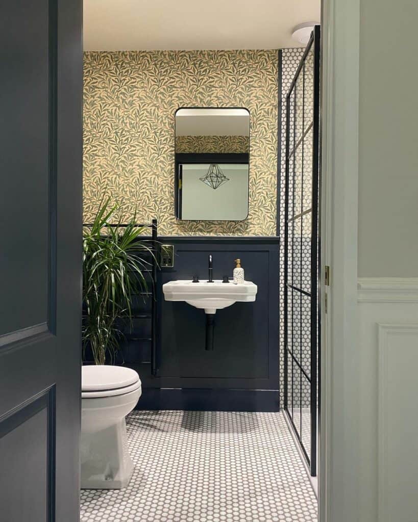Dark Blue Wainscoting With Yellow Botanical Wallpaper