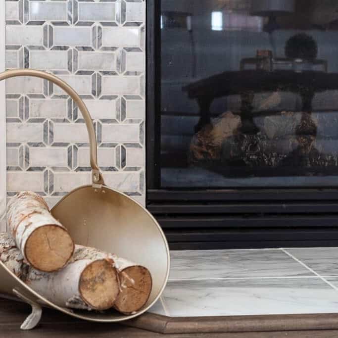 Decorative Gold Wood Log Storage Near Modern Tiled Fireplace