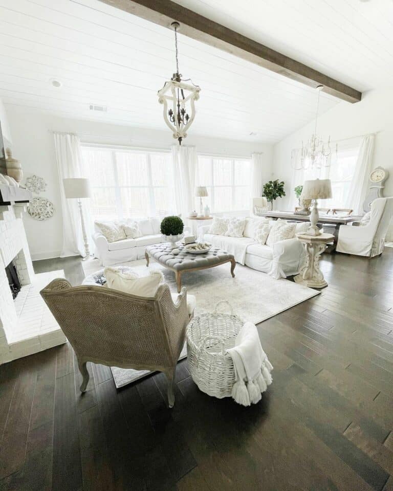 European Farmhouse Living Room With Exposed Wood Beams