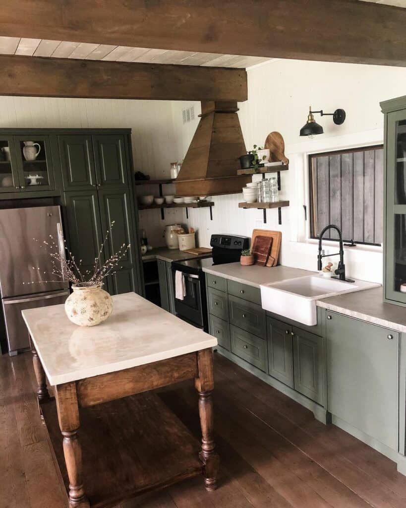 Exposed Kitchen Ceiling Beams With Olive Green Cabinetry