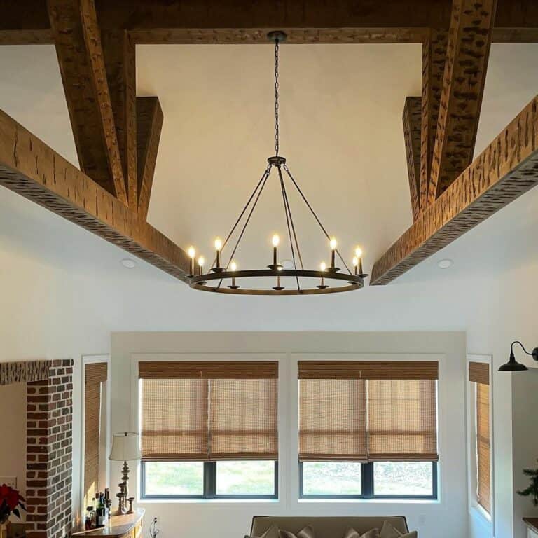 Exposed Natural Wood Trusses in a Cozy Living Area