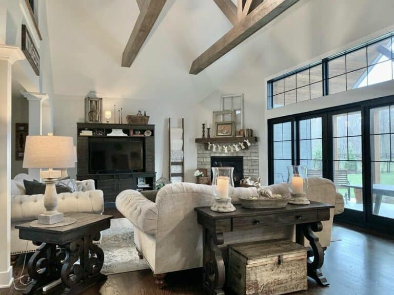 Exposed Wood Trusses in a Living Room With Vaulted Ceilings