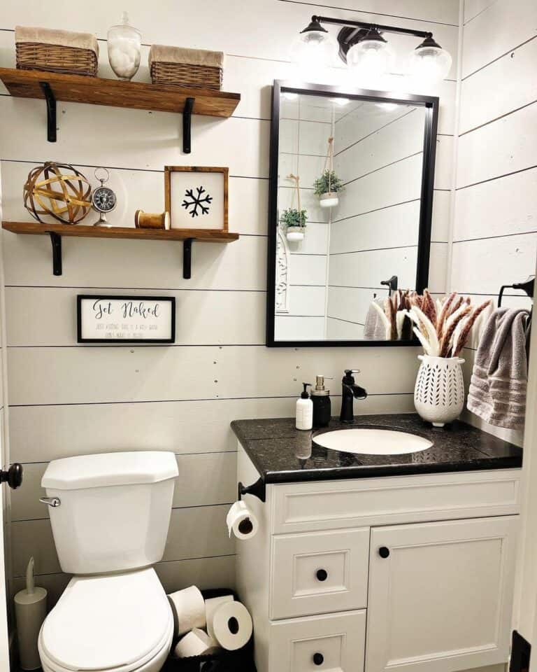Farmhouse Bathroom Design With White and Black Palette