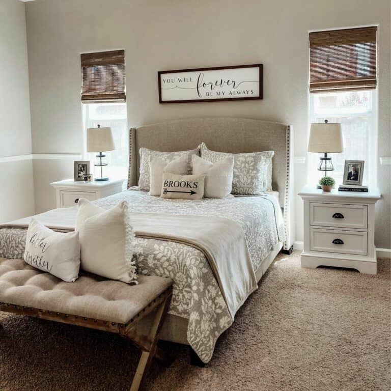 Farmhouse Bedroom With Beige Bed