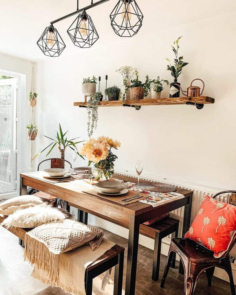 Farmhouse Dining Room With Natural Wood Shelf
