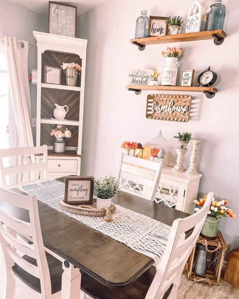 Farmhouse Dining Room With Walnut Table