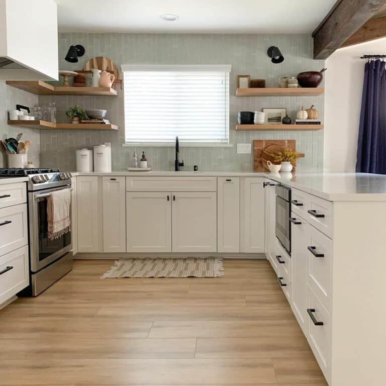 Farmhouse Kitchen With Gray Tiled Wall