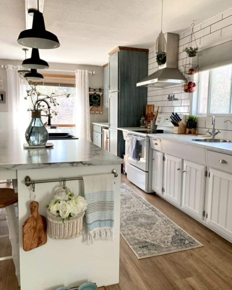 Farmhouse Styling With White and Blue Cabinetry