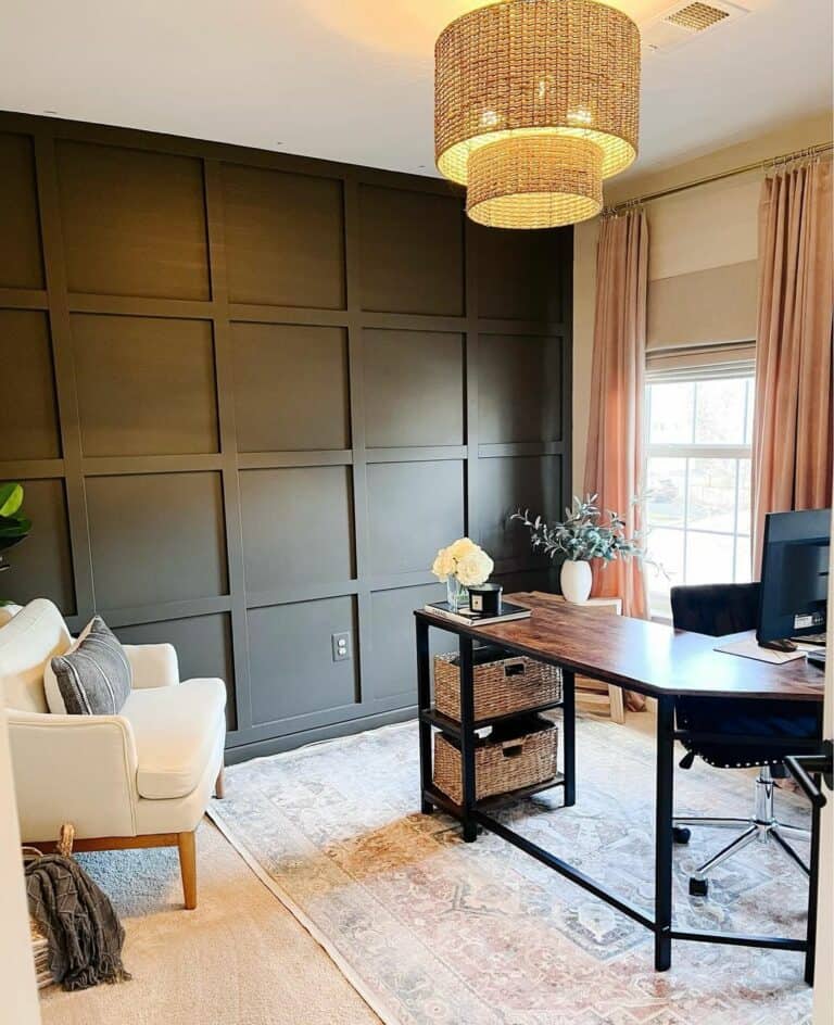 Farmhouse-style Office With Black Board and Batten Wall