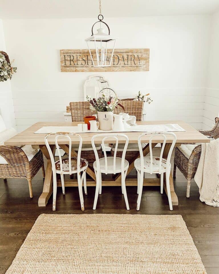 Farmhouse-themed Dining With Wicker Chairs