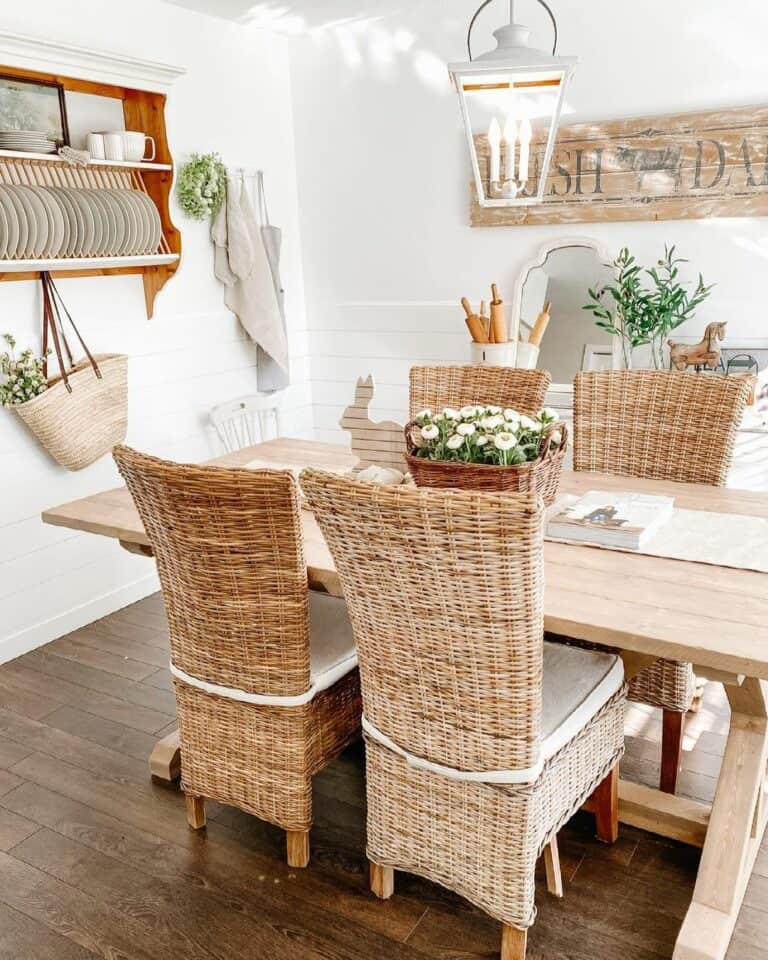 Farmhouse-themed Wicker Chairs and Plate Rack