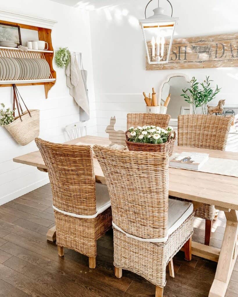 Farmhouse-themed Wicker Chairs and Plate Rack