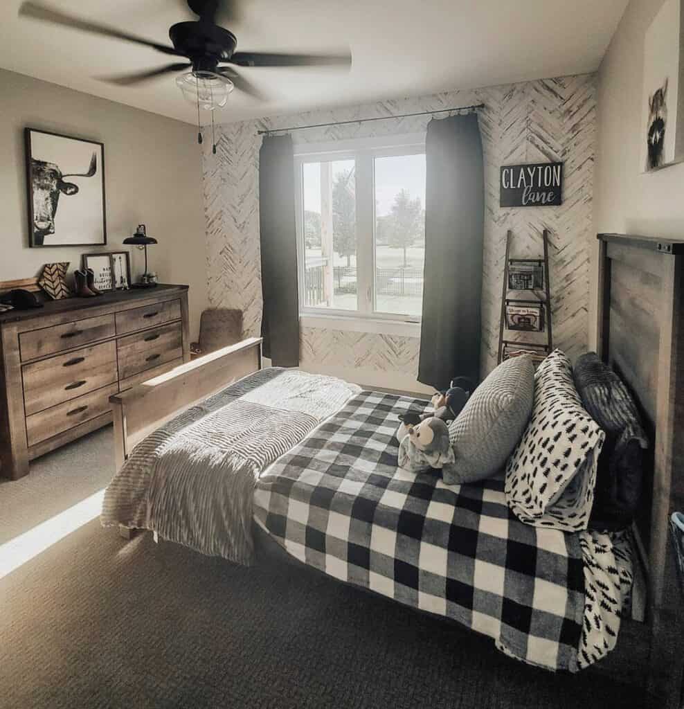 Faux Wood Herringbone Wallpaper in Boy's Room