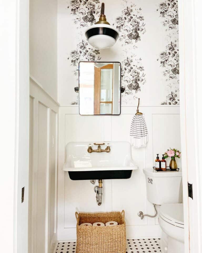 Feminine Black and White Powder Room With Floral Wallpaper