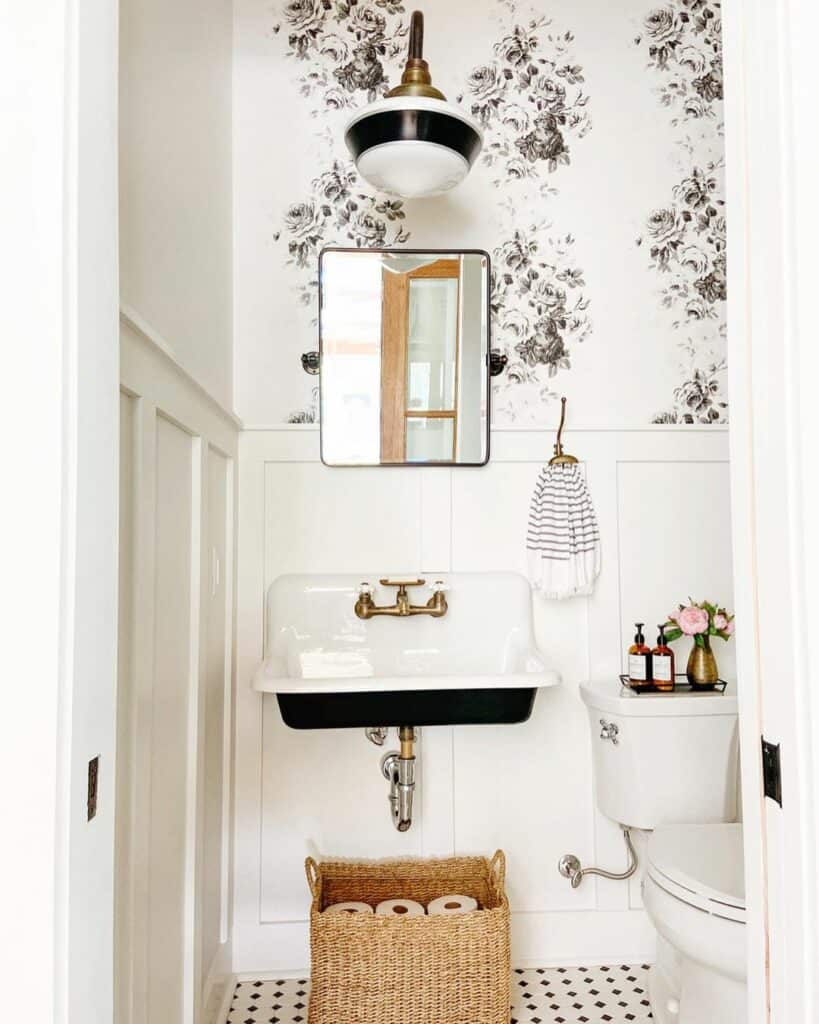 Feminine Black and White Powder Room With Floral Wallpaper Soul & Lane