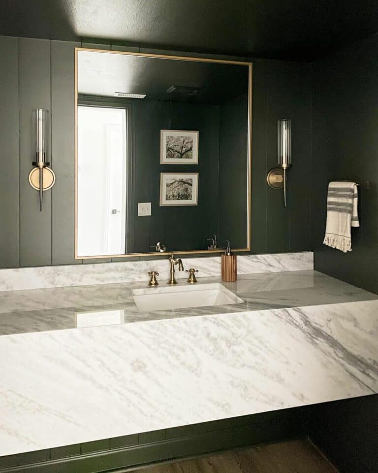 Floating Marble Vanity in Moody Bathroom