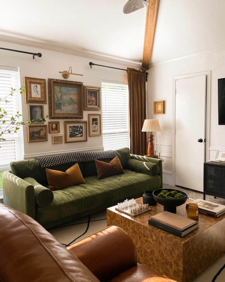 Framed Artwork With Olive Couch in Living Room