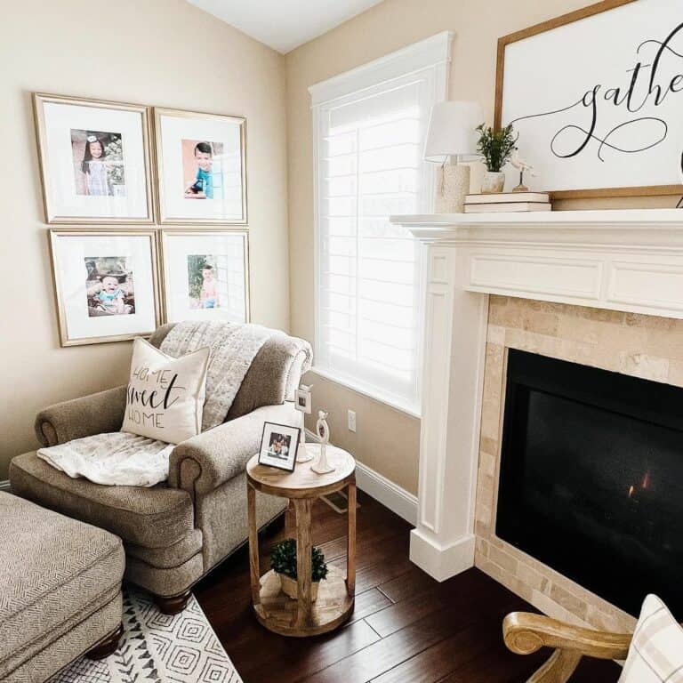 Framed Photos on Cream Walls in Farmhouse Living Room