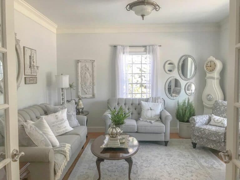 French Country Living Room With Light Gray Furniture