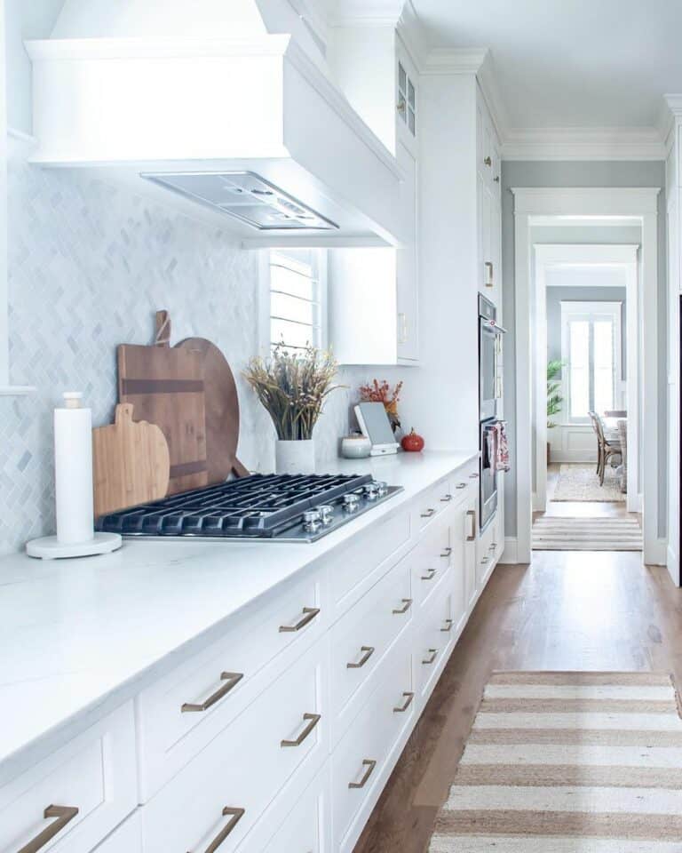 Galley Kitchen Prep Counter With Large Rustic Cutting Boards