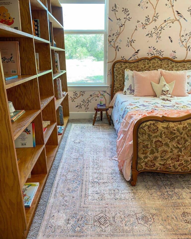 Girl's Bedroom With Stained Wood Bookcases