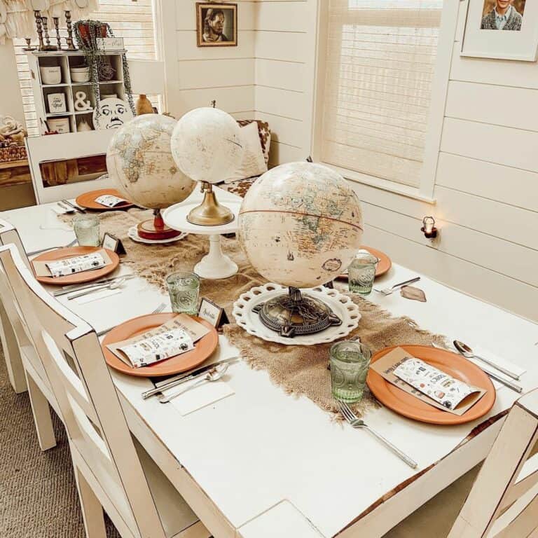 Globe Centrepieces in Shiplap Dining Room