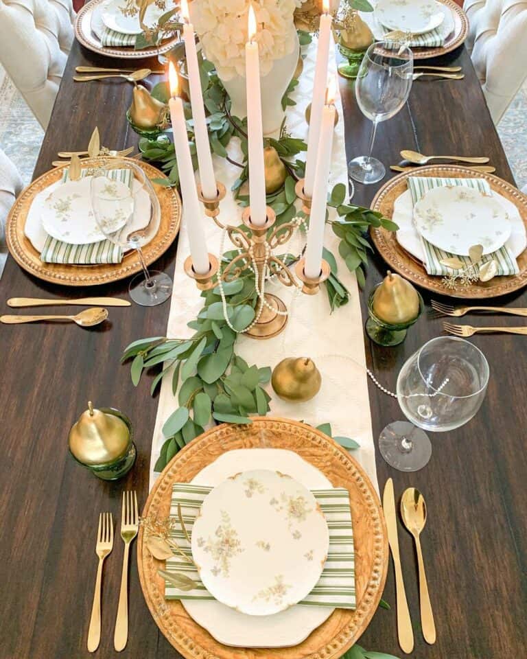 Gold Embellishments Enhance Dark Wood Table