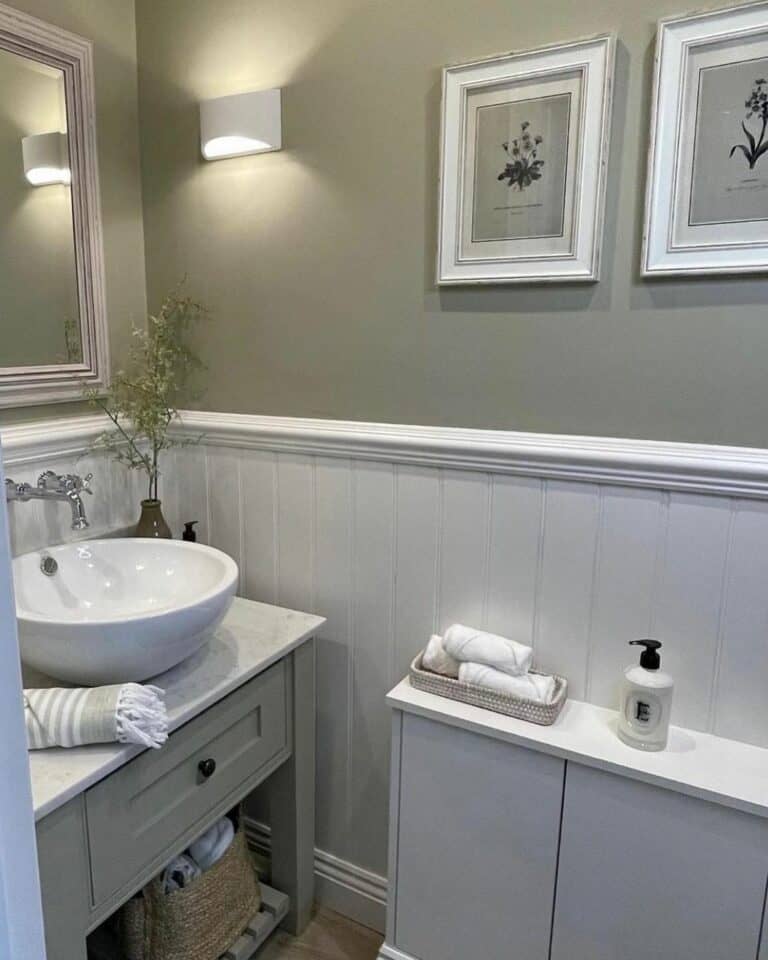 Gray Bathroom With White Beadboard Wainscoting