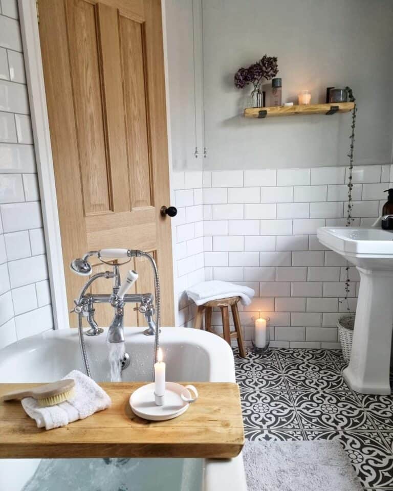 Gray Bathroom With White Subway Tile Half Wall