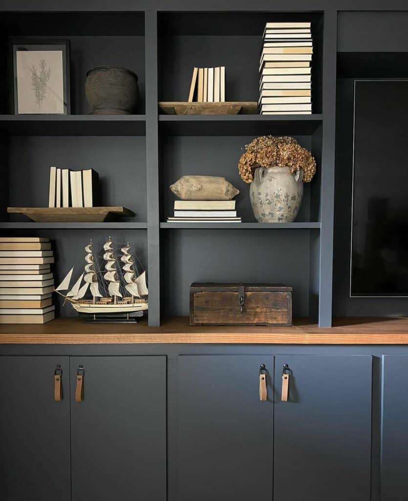 Gray Living Room Shelves With Coastal Decorations