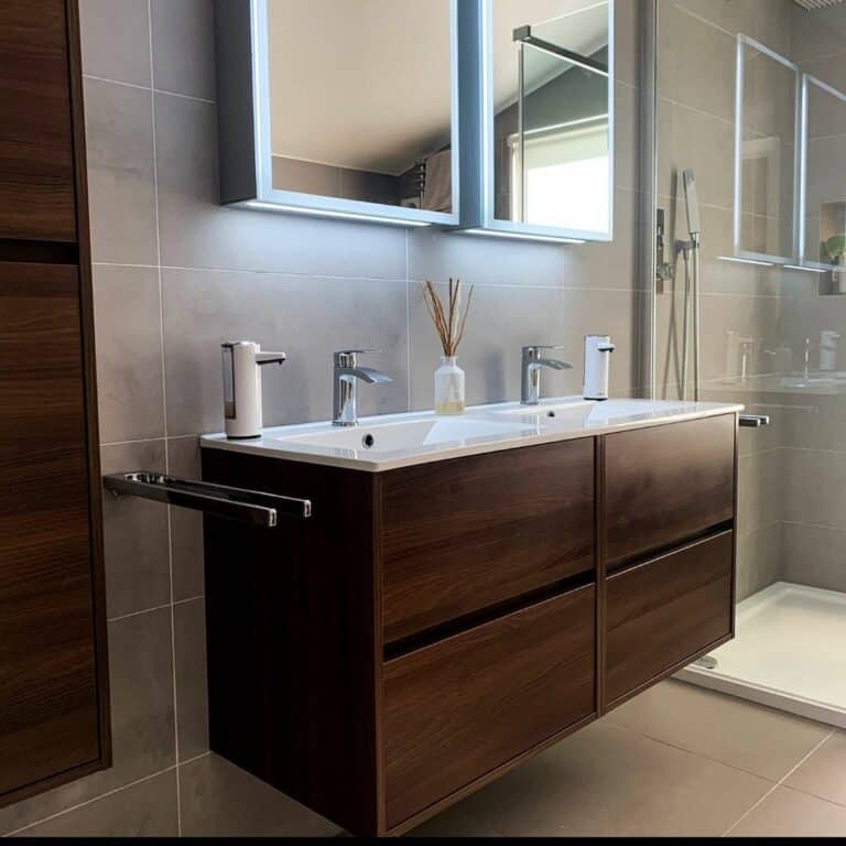 Gray Tile Bathroom With Floating Wood Vanity