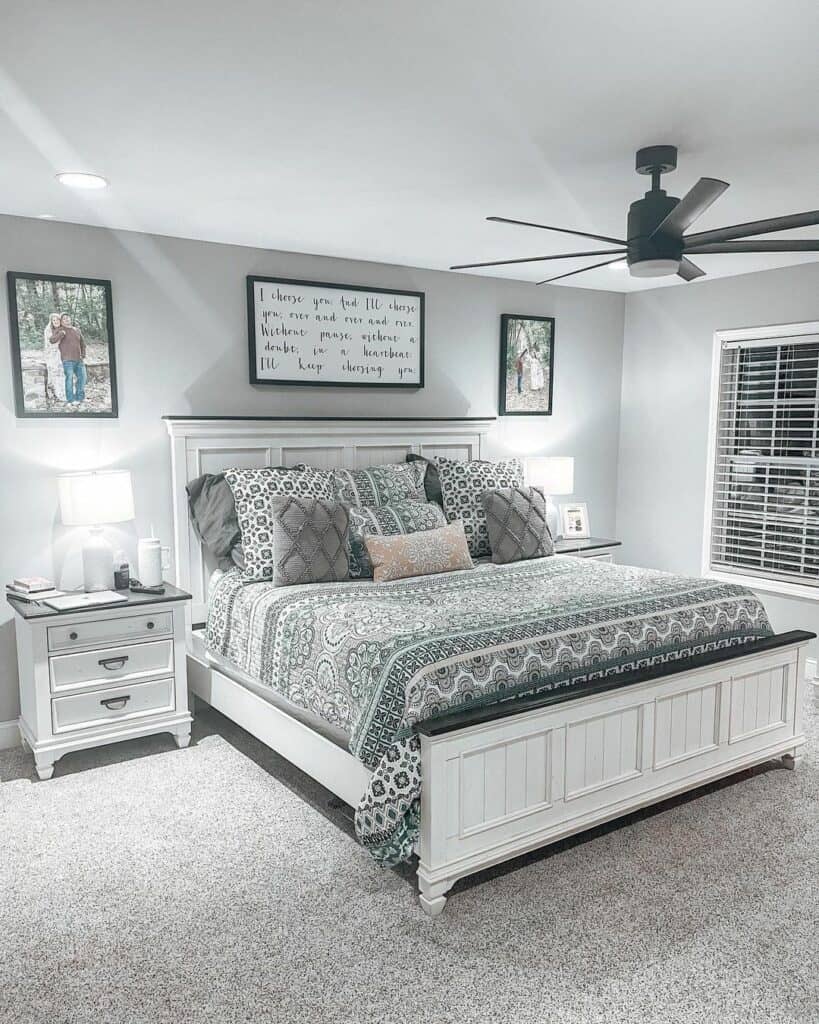 Gray and White Bedroom With Teal Accents