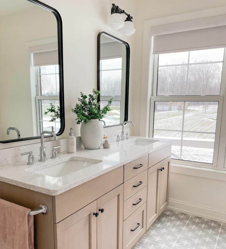 Gray and White Flooring in Neutral Bathroom