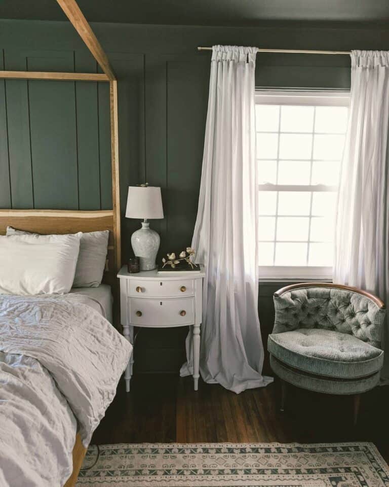 Green Bedroom With Antique White End Table