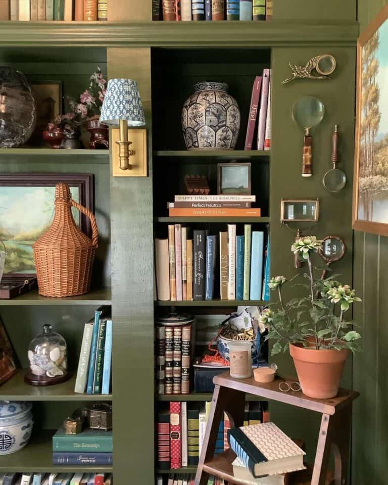 Green Home Library With Bookshelves